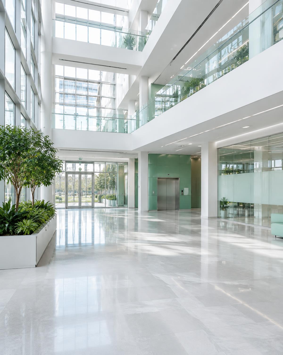 Modern commercial office atrium with spotless floors